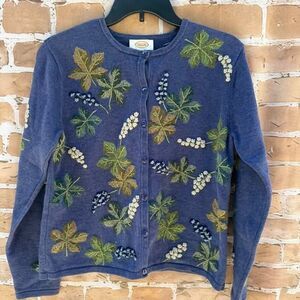 Vintage Talbots Embroidered Fall Floral Leaf Cardigan Sweater Size M